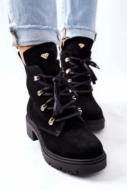 Sale Botki Damskie Zamszowe Czarne Nicole 2674 Damskie Botki Sznurowane|Czarne Botki