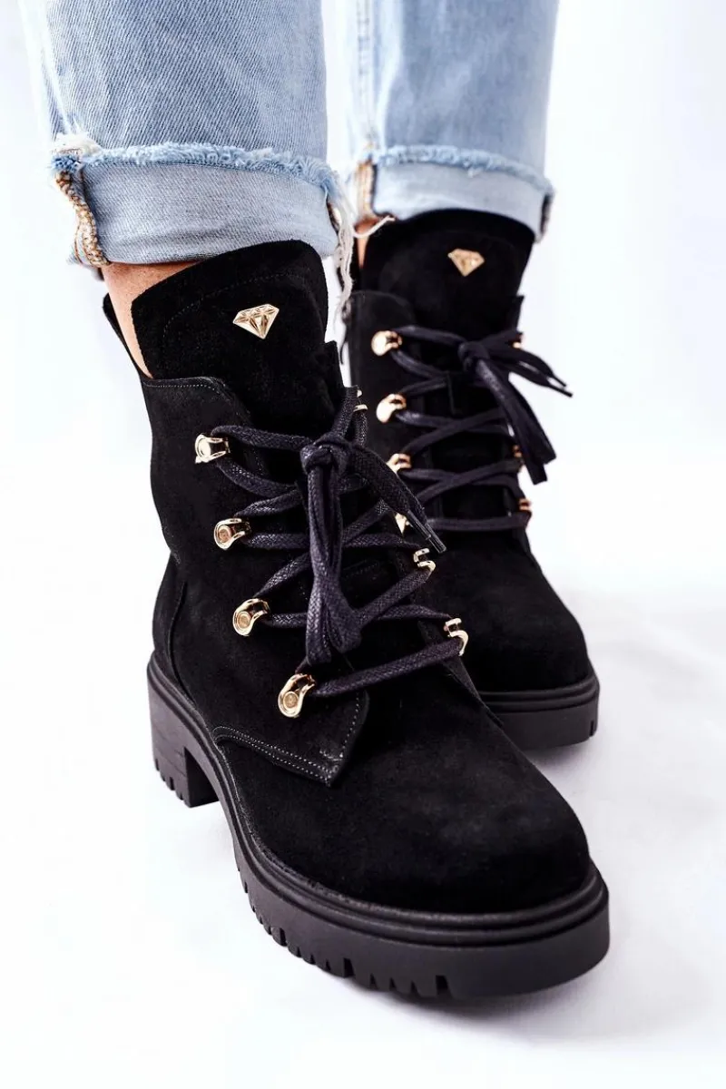 Sale Botki Damskie Zamszowe Czarne Nicole 2674 Damskie Botki Sznurowane|Czarne Botki