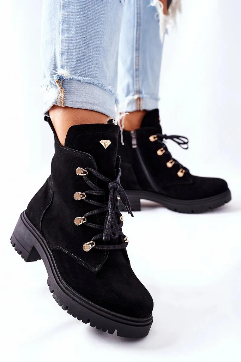 Sale Botki Damskie Zamszowe Czarne Nicole 2674 Damskie Botki Sznurowane|Czarne Botki