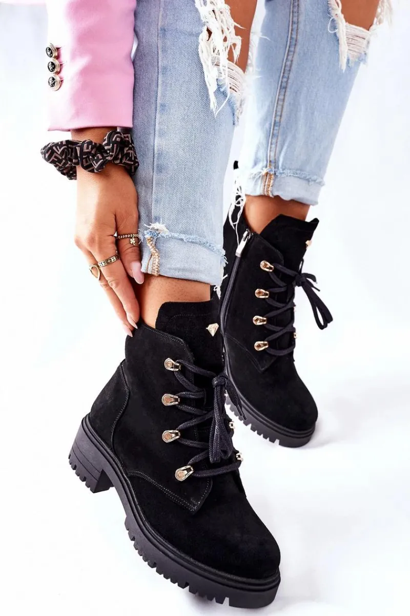 Sale Botki Damskie Zamszowe Czarne Nicole 2674 Damskie Botki Sznurowane|Czarne Botki