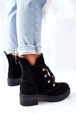 Sale Botki Damskie Zamszowe Czarne Nicole 2674 Damskie Botki Sznurowane|Czarne Botki