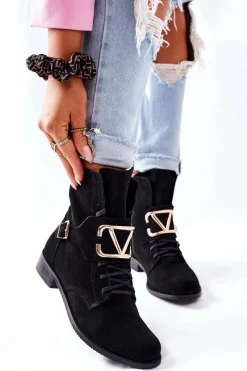 Online Botki Damskie Zamszowe Czarne Nicole 2676 Damskie Botki Sznurowane|Czarne Botki