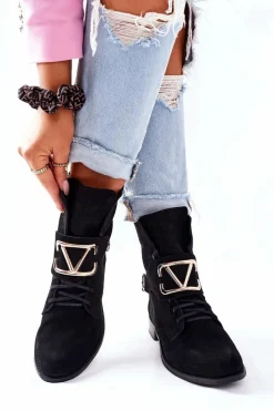 Online Botki Damskie Zamszowe Czarne Nicole 2676 Damskie Botki Sznurowane|Czarne Botki