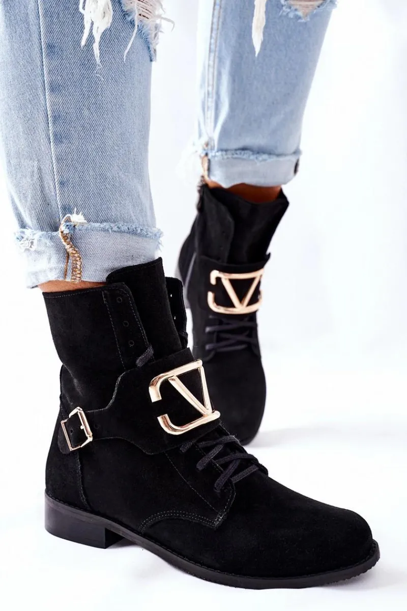 Online Botki Damskie Zamszowe Czarne Nicole 2676 Damskie Botki Sznurowane|Czarne Botki