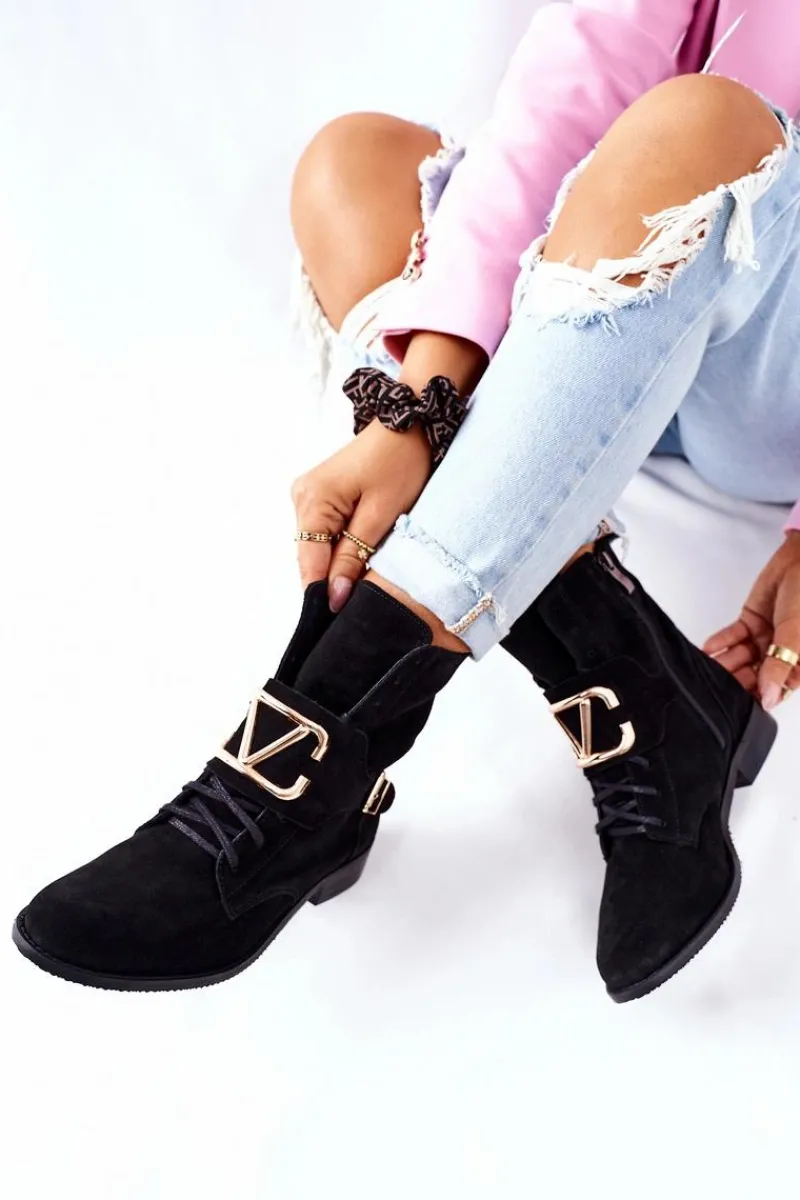 Online Botki Damskie Zamszowe Czarne Nicole 2676 Damskie Botki Sznurowane|Czarne Botki