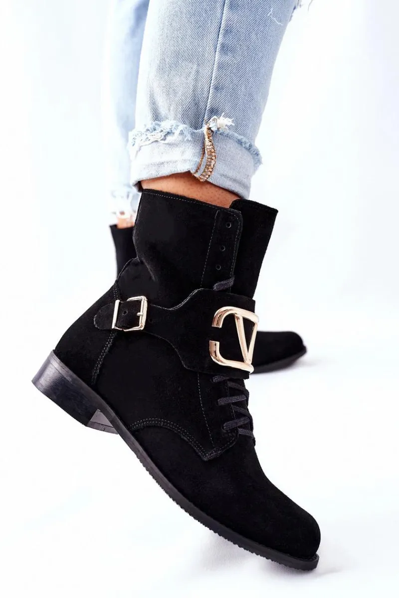 Online Botki Damskie Zamszowe Czarne Nicole 2676 Damskie Botki Sznurowane|Czarne Botki