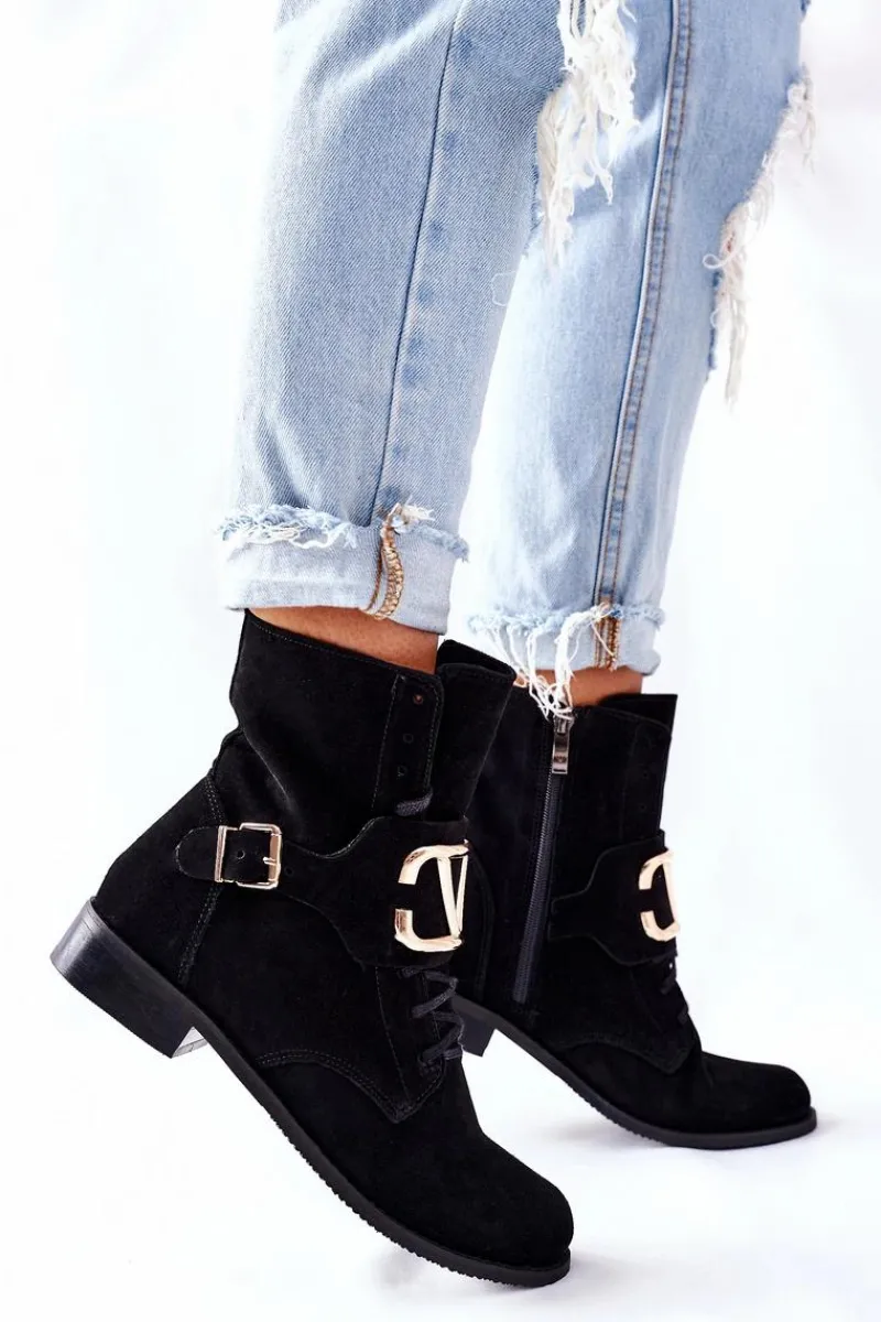 Online Botki Damskie Zamszowe Czarne Nicole 2676 Damskie Botki Sznurowane|Czarne Botki