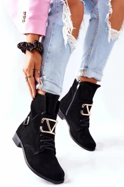 Online Botki Damskie Zamszowe Czarne Nicole 2676 Damskie Botki Sznurowane|Czarne Botki