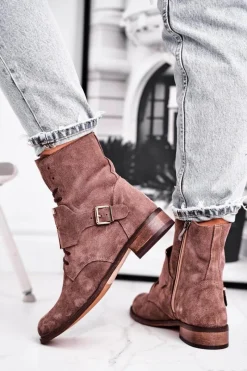 Discount Boto Botki Damskie Zamszowe Jasno Brązowe Nicole 2591