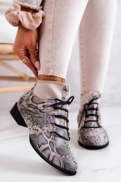 Outlet Maciejka Botki Damskie Zamszowe Trzewiki Wężowe 04744-03 Beżowe Beżowy