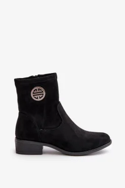 Online Botki Damskie Zapinane Na Zamek Z Ozdobnym Detalem Eko Zamszowe Czarne Lerioria Damskie Botki Ocieplane|Czarne Botki