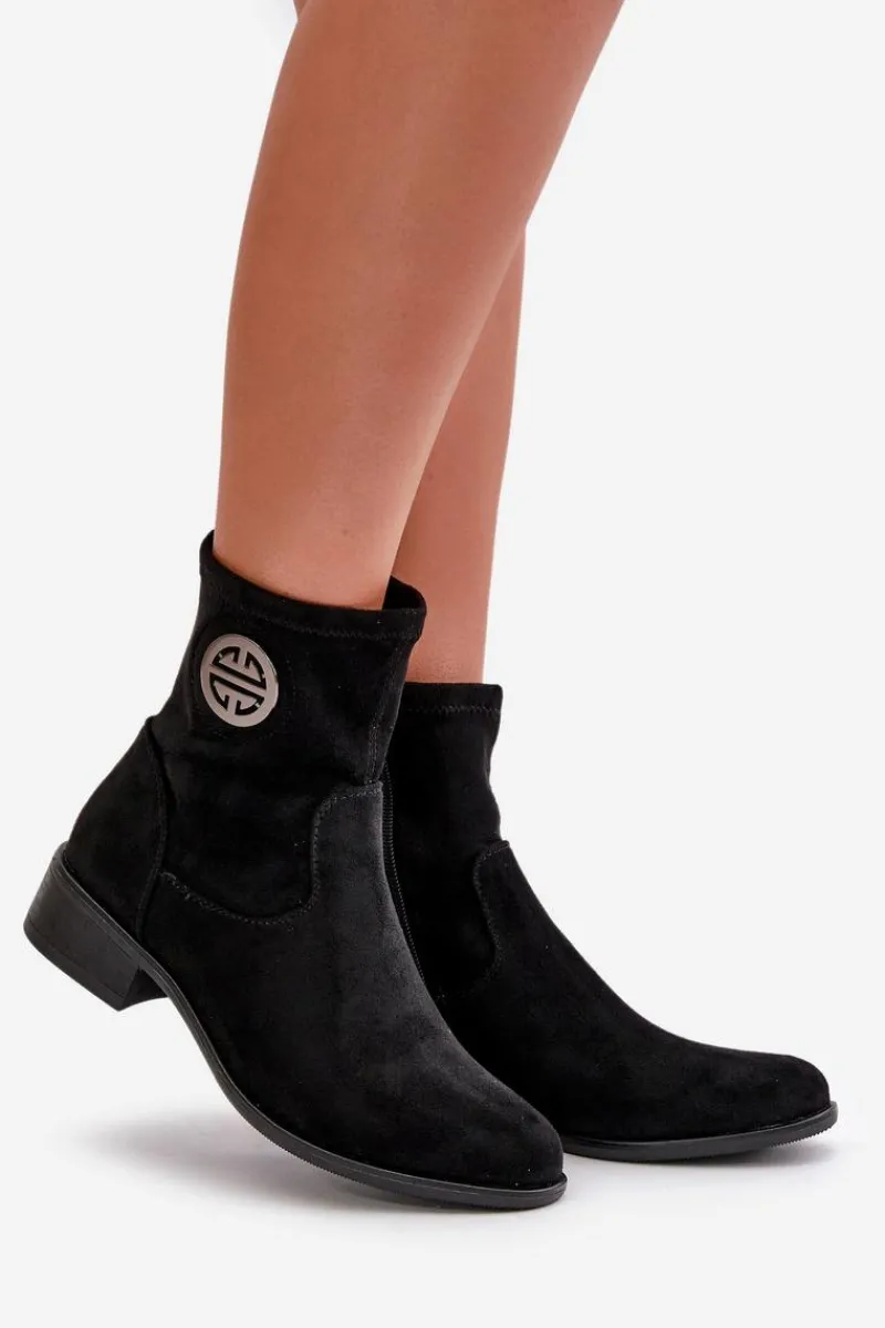 Online Botki Damskie Zapinane Na Zamek Z Ozdobnym Detalem Eko Zamszowe Czarne Lerioria Damskie Botki Ocieplane|Czarne Botki