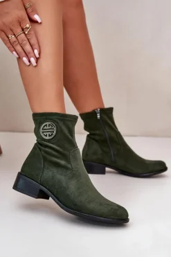Clearance Boto Botki Damskie Zapinane Na Zamek Z Ozdobnym Detalem Eko Zamszowe Zielone Lerioria Zielony