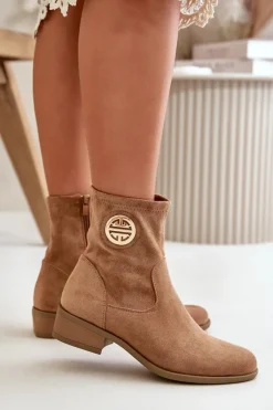 Botki Ocieplane|Czarne Botki>Boto Botki Damskie Zapinane Na Zamek Z Ozdobnym Detalem Eko Zamszowe Beżowe Lerioria Beżowy