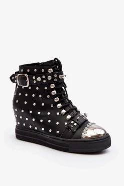 Outlet Botki Damskie Zdobione Dżetami Na Koturnie Lu Boo Czarne Damskie Botki Na Koturnie|Czarne Botki