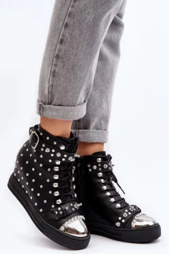 Outlet Botki Damskie Zdobione Dżetami Na Koturnie Lu Boo Czarne Damskie Botki Na Koturnie|Czarne Botki