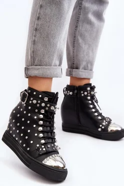 Outlet Botki Damskie Zdobione Dżetami Na Koturnie Lu Boo Czarne Damskie Botki Na Koturnie|Czarne Botki