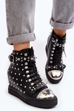 Outlet Botki Damskie Zdobione Dżetami Na Koturnie Lu Boo Czarne Damskie Botki Na Koturnie|Czarne Botki