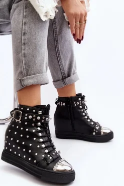 Outlet Botki Damskie Zdobione Dżetami Na Koturnie Lu Boo Czarne Damskie Botki Na Koturnie|Czarne Botki