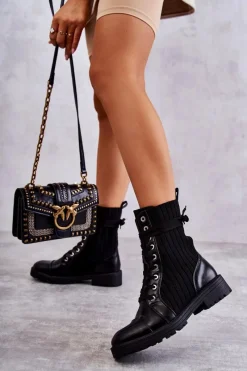 Botki Sznurowane|Czarne Botki>Boto Botki Damskie Ze Skarpetą Wiązane Czarne Livaro