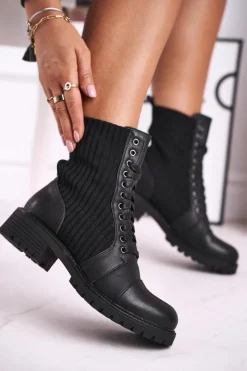 Damskie Trapery|Botki Sznurowane>Boto Botki Damskie Ze Skarpetą Czarne Brielle