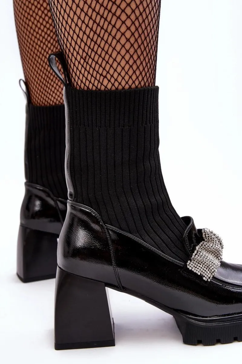 Botki Ocieplane|Czarne Botki>Damskie buty S.Barski Botki Damskie Ze Skarpetą Na Obcasie D&A MR870-41 Czarne Czarny