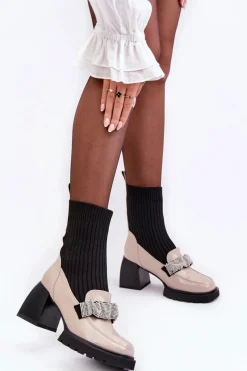 New Botki Damskie Ze Skarpeta Na Obcasie Beżowe S.Barski MR870-41 Damskie Botki Ocieplane|Brązowe I Beżowe Botki