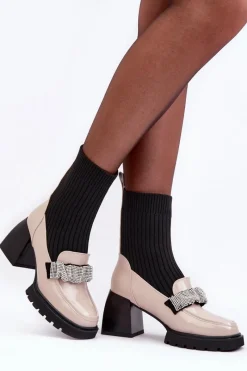 New Botki Damskie Ze Skarpeta Na Obcasie Beżowe S.Barski MR870-41 Damskie Botki Ocieplane|Brązowe I Beżowe Botki