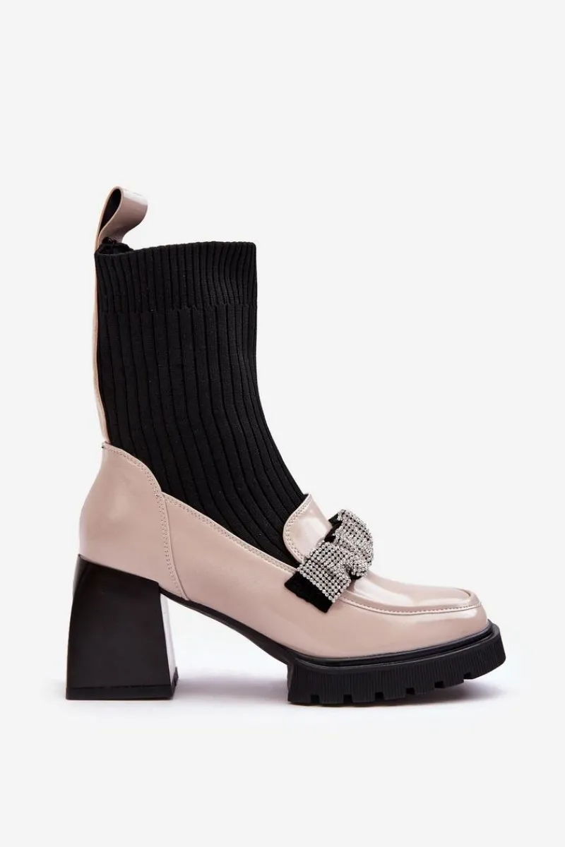 New Botki Damskie Ze Skarpeta Na Obcasie Beżowe S.Barski MR870-41 Damskie Botki Ocieplane|Brązowe I Beżowe Botki