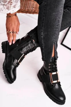 Online Botki Damskie Ze Złotą Klamrą Happy Su Czarne Damskie Botki Sznurowane|Czarne Botki