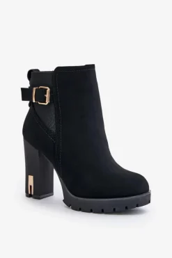 Outlet Botki Damskie Ze Złotą Klamrą Na Słupku Ocieplane Czarne Erilanes Damskie Botki Na Słupku|Czarne Botki