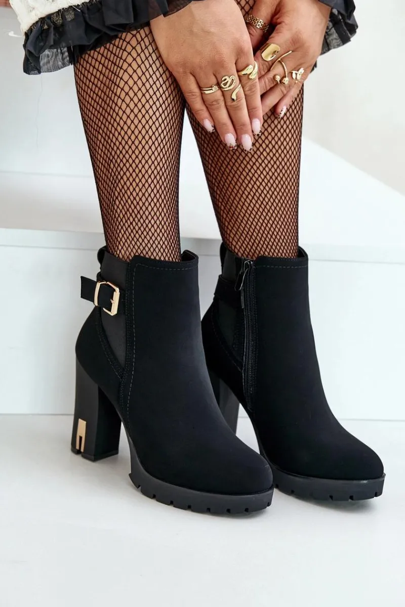 Outlet Botki Damskie Ze Złotą Klamrą Na Słupku Ocieplane Czarne Erilanes Damskie Botki Na Słupku|Czarne Botki