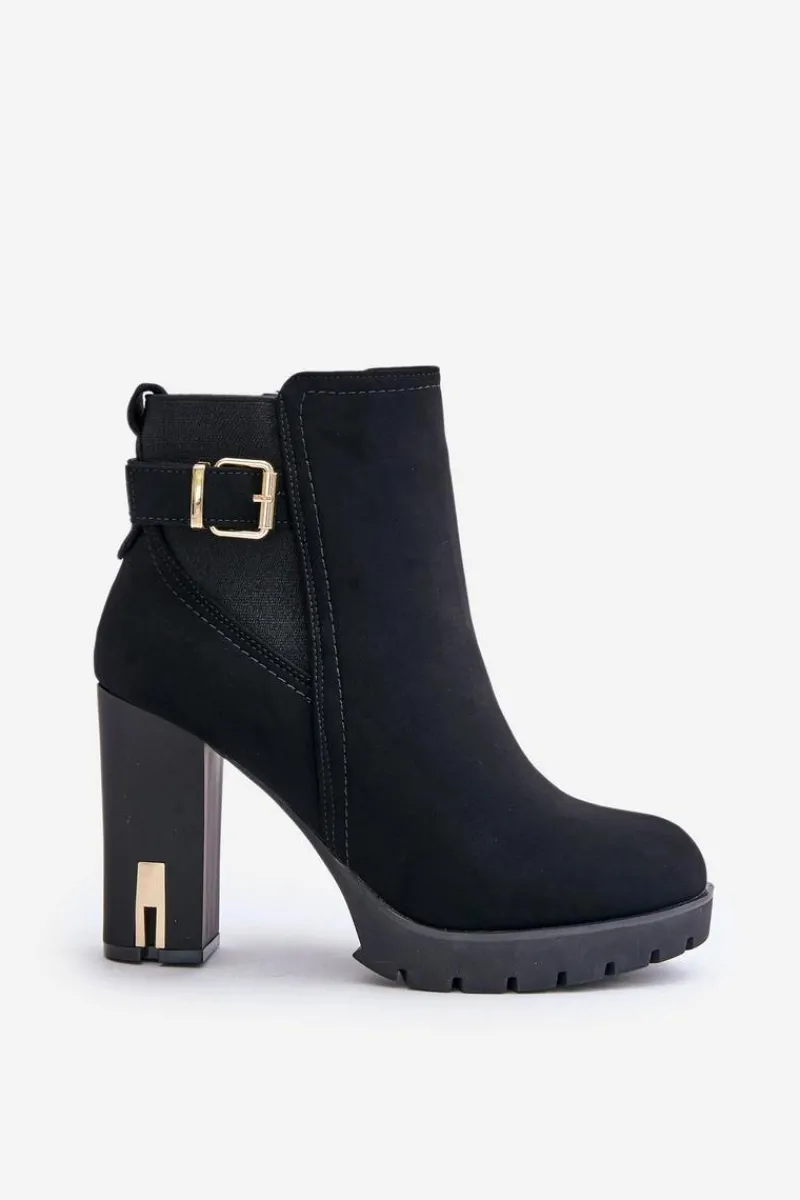 Outlet Botki Damskie Ze Złotą Klamrą Na Słupku Ocieplane Czarne Erilanes Damskie Botki Na Słupku|Czarne Botki