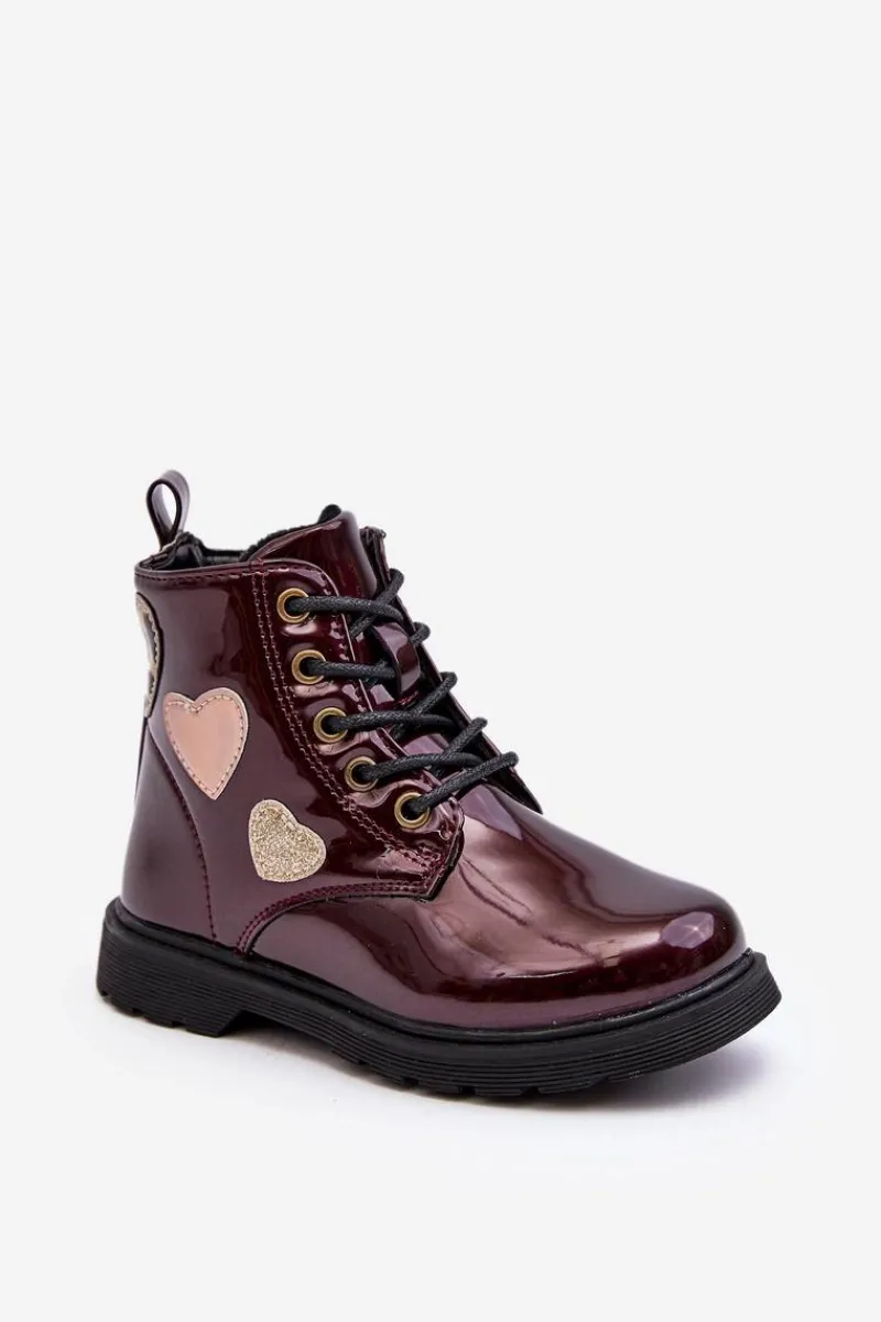 New Botki Dziecięce Lakierowane Z Ozdobami Bordowe Adete Dzieci Dziewczęce