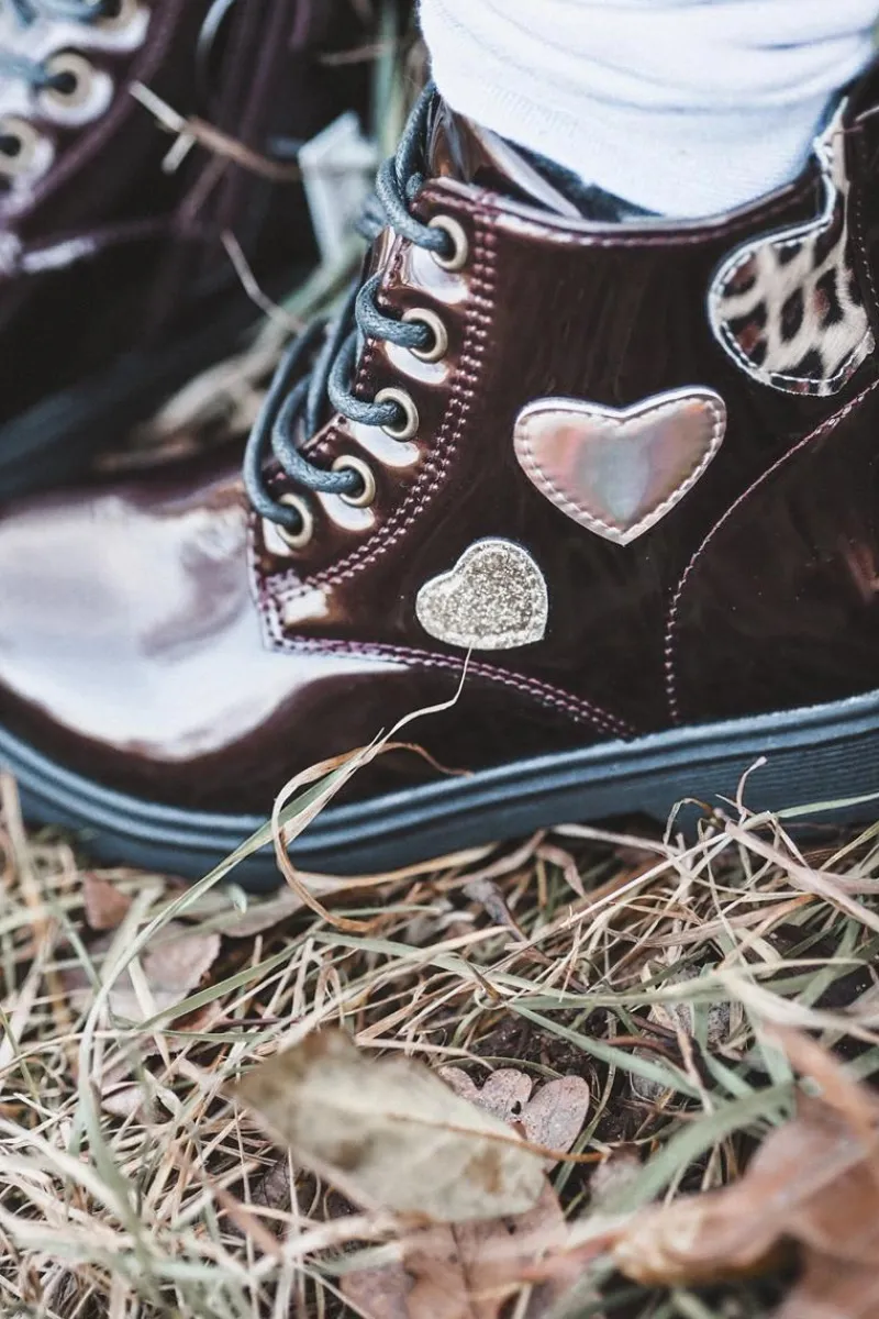 New Botki Dziecięce Lakierowane Z Ozdobami Bordowe Adete Dzieci Dziewczęce