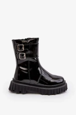 Discount Botki Dziecięce Lakierowane Z Klamrami Czarne Chloraia Dzieci Dziewczęce