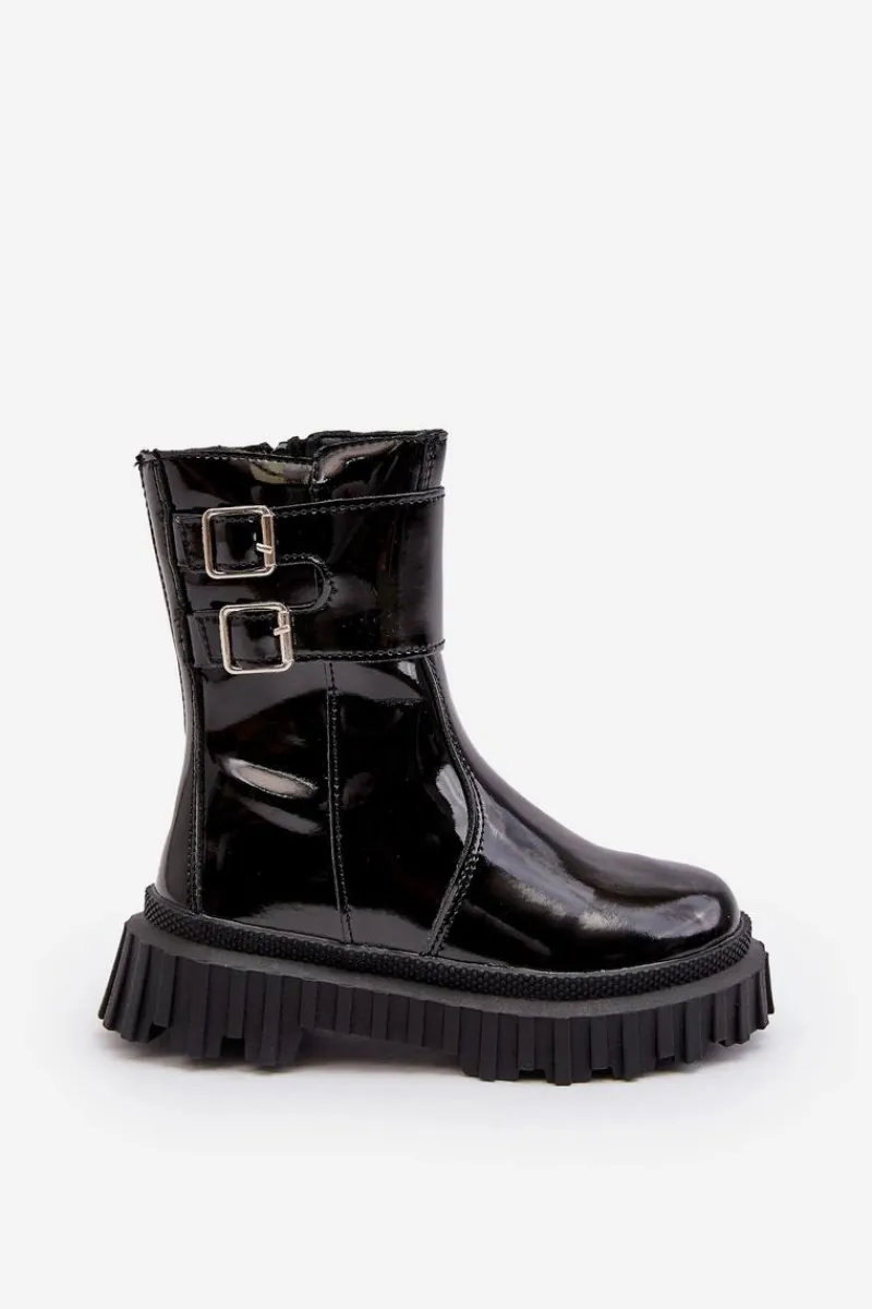 Discount Botki Dziecięce Lakierowane Z Klamrami Czarne Chloraia Dzieci Dziewczęce