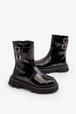 Discount Botki Dziecięce Lakierowane Z Klamrami Czarne Chloraia Dzieci Dziewczęce