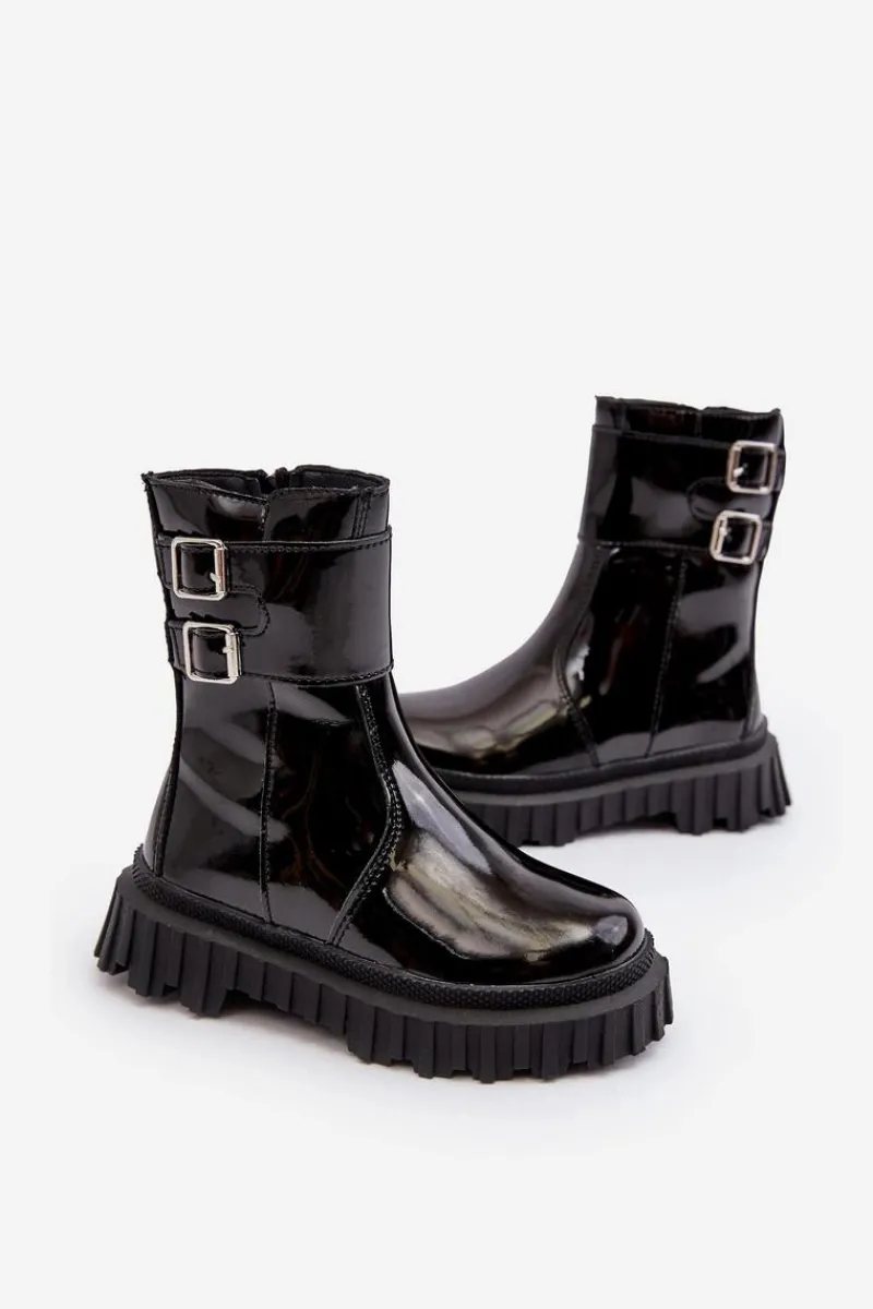 Discount Botki Dziecięce Lakierowane Z Klamrami Czarne Chloraia Dzieci Dziewczęce