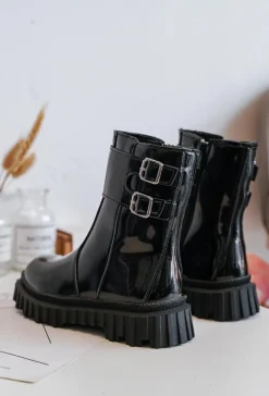 Discount Botki Dziecięce Lakierowane Z Klamrami Czarne Chloraia Dzieci Dziewczęce