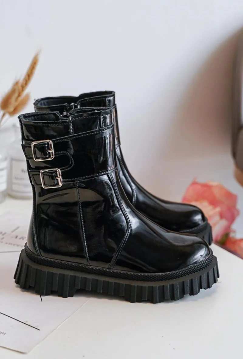 Discount Botki Dziecięce Lakierowane Z Klamrami Czarne Chloraia Dzieci Dziewczęce