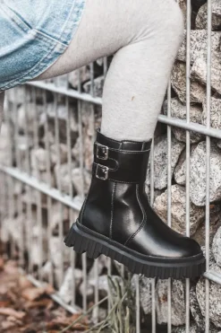 Clearance Boto Botki Dziecięce Skórzane Z Klamrami Czarne Chloraia