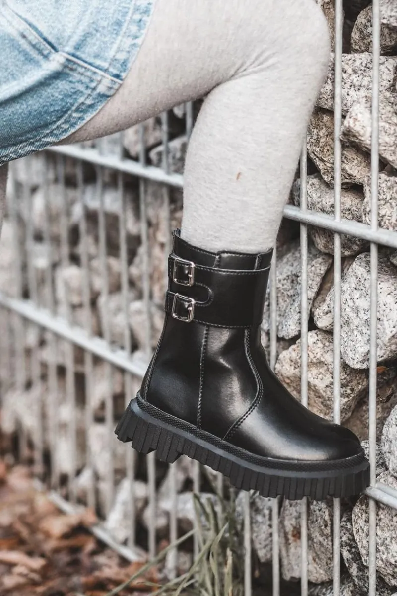 Clearance Boto Botki Dziecięce Skórzane Z Klamrami Czarne Chloraia