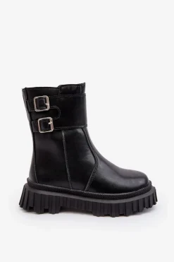 Clearance Boto Botki Dziecięce Skórzane Z Klamrami Czarne Chloraia