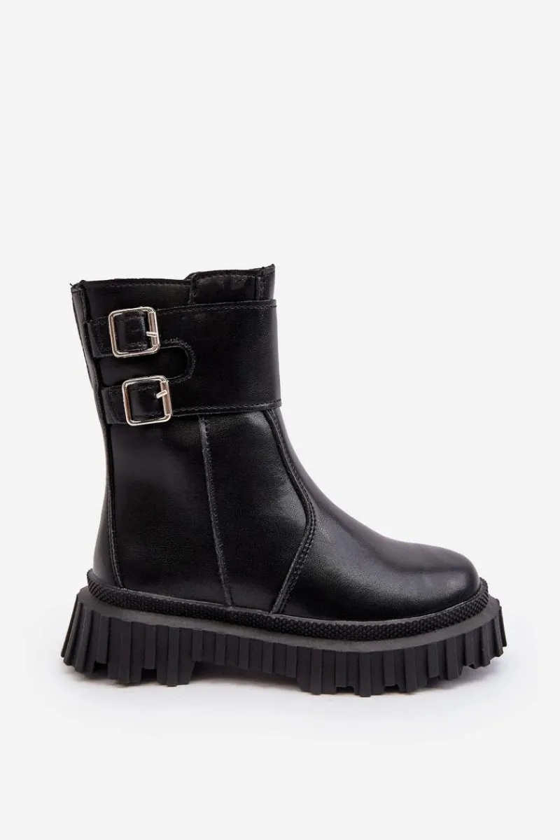 Clearance Boto Botki Dziecięce Skórzane Z Klamrami Czarne Chloraia