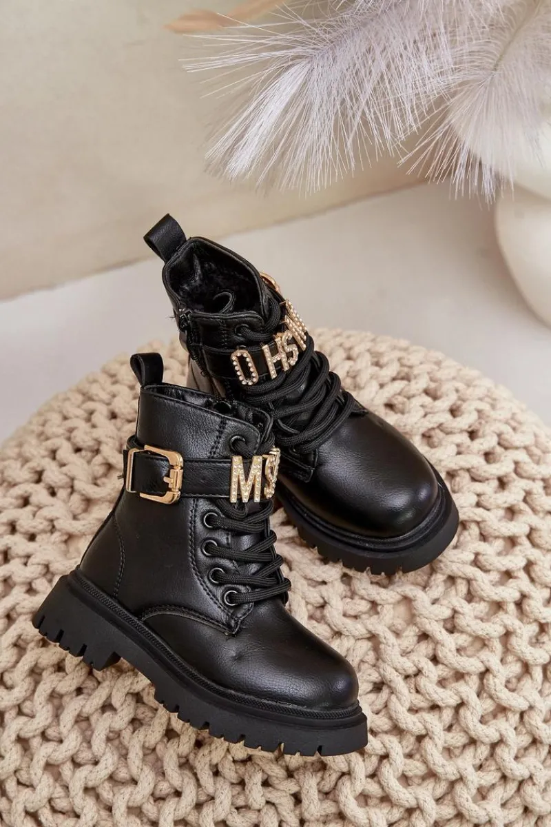 New Botki Dziewczęce Eko Skórzane Ocieplane Z Ozdobnym Paskiem Czarne Gilian Dzieci Dziewczęce