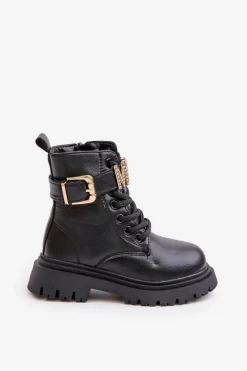 New Botki Dziewczęce Eko Skórzane Ocieplane Z Ozdobnym Paskiem Czarne Gilian Dzieci Dziewczęce