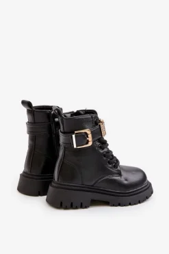 New Botki Dziewczęce Eko Skórzane Ocieplane Z Ozdobnym Paskiem Czarne Gilian Dzieci Dziewczęce