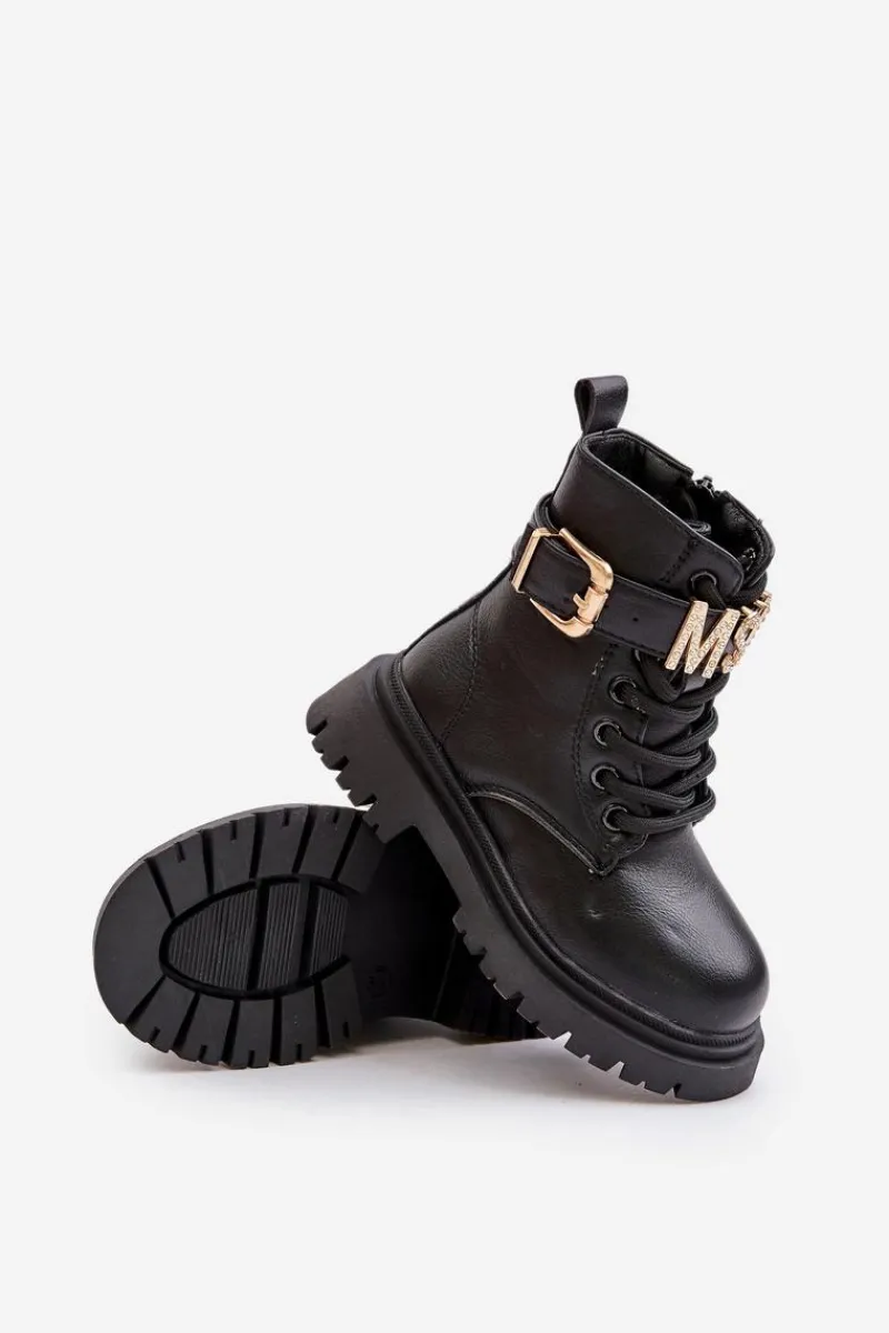 New Botki Dziewczęce Eko Skórzane Ocieplane Z Ozdobnym Paskiem Czarne Gilian Dzieci Dziewczęce