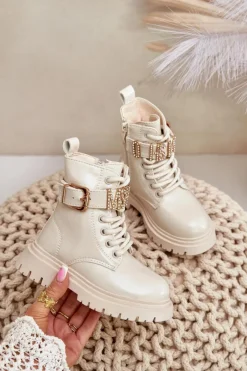 Dziewczęce>Boto Botki Dziewczęce Lakierowane Ocieplane Z Ozdobnym Paskiem Beżowe Gilian